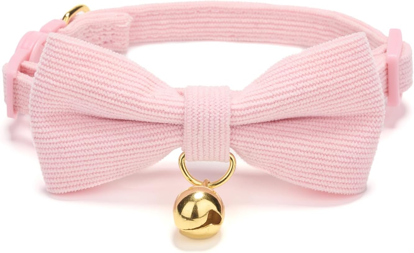 2 Pack Soft Corduroy Cat Collars with Bow Tie & Bell, Adjustable Breakaway Cotton Kitty Bowtie Collar for Girl Female Kitten (Pink & Purple)