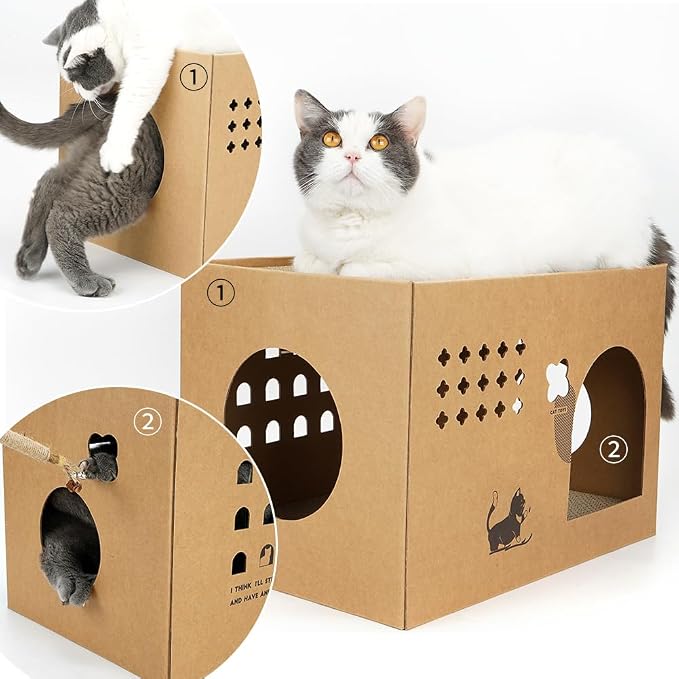 Cat Cardboard House with 2 PCS Scratching Pads，Large Cat Scratcher Bed Cat Scratchers Lounge for Indoor Cats with Corrugated Board Detachable Cat Scratcher Box for Cats(Cactus)