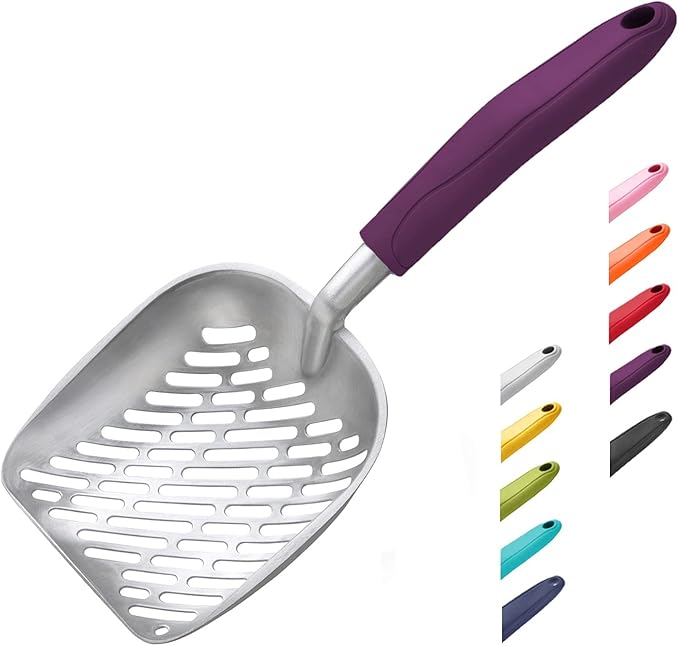 Cat Litter Scoop, Aluminum Alloy Sifter, Kitty Metal Scooper, Deep Shovel with Diagonal Sifting Hole, Long Handle, Kitten Poop Lifter for Litter Box, Large Size, Violet Handle