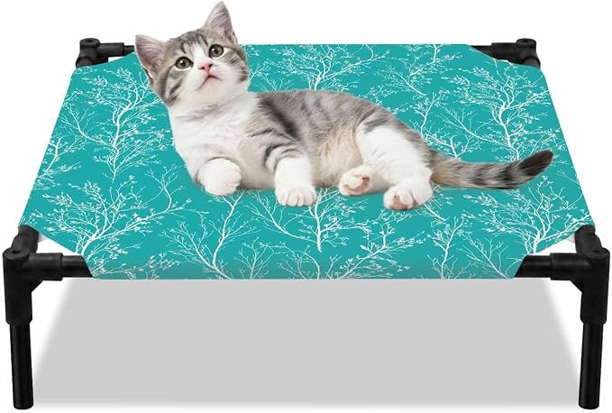 Outdoor Elevated Dog Bed for Small Dogs, Teal Botanical Breathable Cooling Raised Dog Cot for Indoor/Outdoor, Vintage Floral Plants Branch Waterproof Elevated Pet Beds, S 20 x 20 in