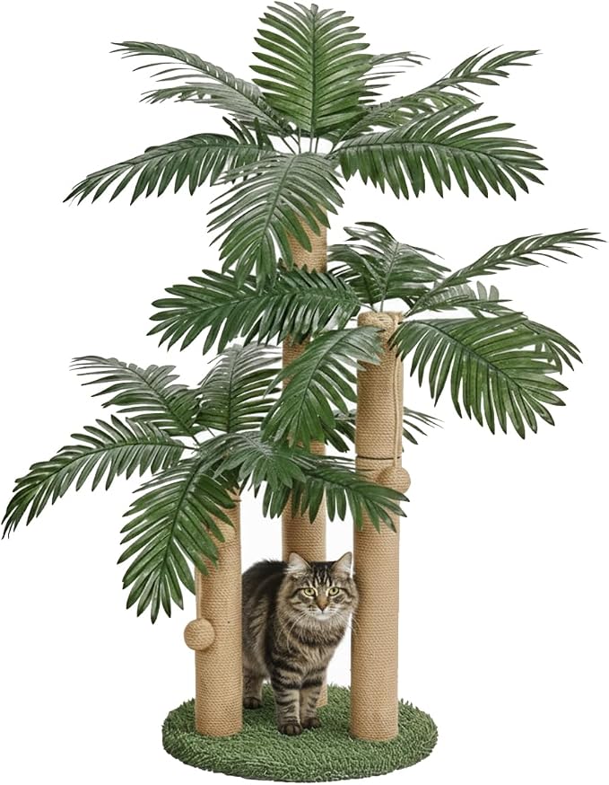 LEMONDA 31.5Inch Cat Scratching Post,Cat Scratcher Tree with 3 Scratching Poles & 2 Interactive Dangling Balls,Cats Scratching Posts for Indoor Kitten & Adult Cats