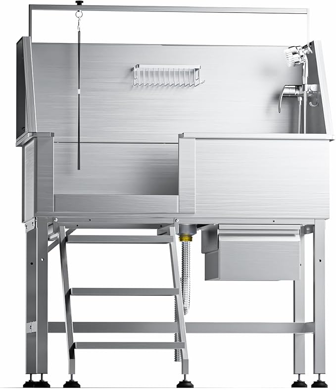 46" Dog Washing Station, Leak-Proof 304 Stainless Steel Dog Bathtub with Non-Slip Removable Left Ramp & Storage Drawer, Elevated Pet Wash Station for Large Dogs, Garage & Outdoor Use (Left Stair)