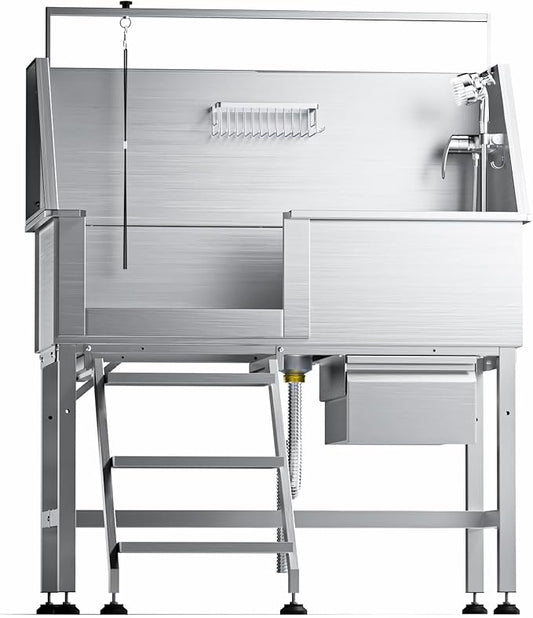 46" Dog Washing Station, Leak-Proof 304 Stainless Steel Dog Bathtub with Non-Slip Removable Left Ramp & Storage Drawer, Elevated Pet Wash Station for Large Dogs, Garage & Outdoor Use (Left Stair)