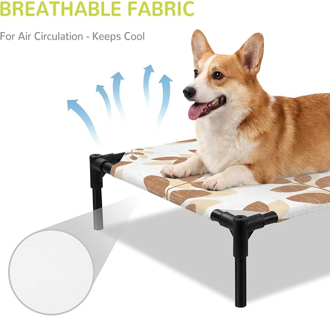 Outdoor Elevated Dog Bed for Large Dogs, Brown Leaves Breathable Cooling Raised Dog Cot for Indoor/Outdoor, Summer Farmhouse Botanical Leaf Branch Waterproof Elevated Pet Beds, L 28 x 22 in
