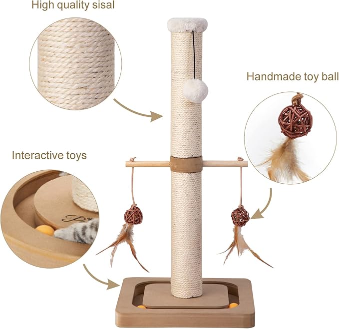 PEEKAB Cat Scratching Post Sisal Scratch Posts for Indoor Kittens and Cats,with Interactive Tracking Toys Suitable for Vertical Scratcher of Small and Medium-Sized Cats 25 Inches Beige
