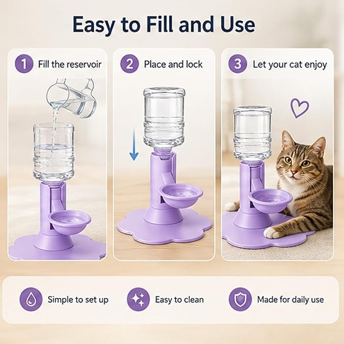 Automatic Pet Water Dispenser,Flow Self Refilling Cat & Dog Water Bowl | Portable Bottle Outdoor Jug, 3 Gallon No Spill, Washing Station for Pets, Feeder, Fountain, Storage(Purple,Includes Bottle)