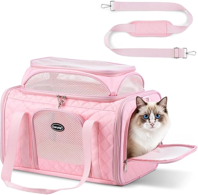 Cat Carrier Airline Approved 17x11x9.5 Inches, Top Expandable Soft Sided Pet Travel Carrier for Cats & Small Dogs, Fits Under Airline Seat with Locking Zippers, Pink