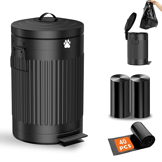 Dog Poop Trash Can Outside - 12L/3.1Gal Metal Outdoor Trash Can with Lid | Outdoor Dog Poop Trash Can with 40 Bags and Removable Inner Bin, Dog Waste Container with Lid Soft Close, Round Black