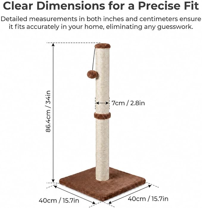 Dimaka 34" Height Tall Cat Scratching Post, Claw Scratcher with Sisal Rope and Covered with Soft Smooth Plush, Vertical Scratch [Full Strectch] for All Cats (Dark Brown, 34 inches for Large Cats)