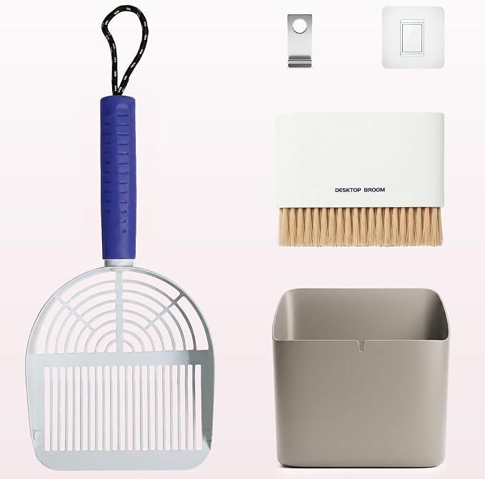 Cat Litter Scoop with Holder, 3 in 1 Metal Kitty Scooper | Heavy Duty Deep Litter Sifter with Dustpan & Mini Broom, Dual Coarse & Fine Grid, Quick Sift, Universal for All Cat Litter