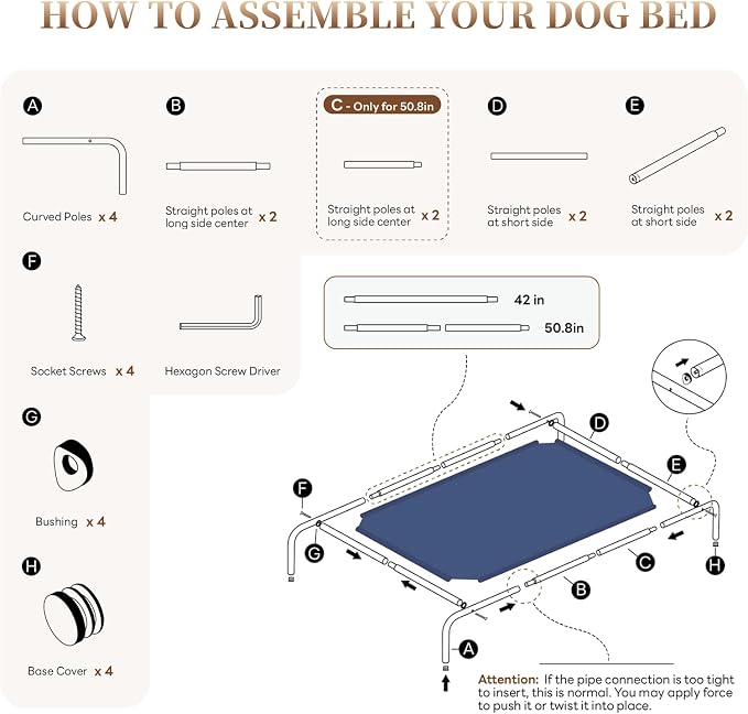 STARLATTA Elevated Dog Bed for Large Dogs, Washable Raised Cot with Skid-Resistant Feet, Waterproof Cooling Dog Beds with Oxford Cloth, Indoor/Outdoor Use, Blue 50in