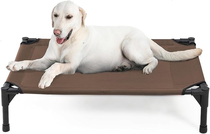 Garnpet Elevated Dog Bed for Large Dogs, Raised Dog Cot Fits Up to 120 LBs, Heavy Duty Pet Cots with Durable Supportive Teslin Recyclable Washable Mesh, Indoor & Outdoor Pet Bed, Brown