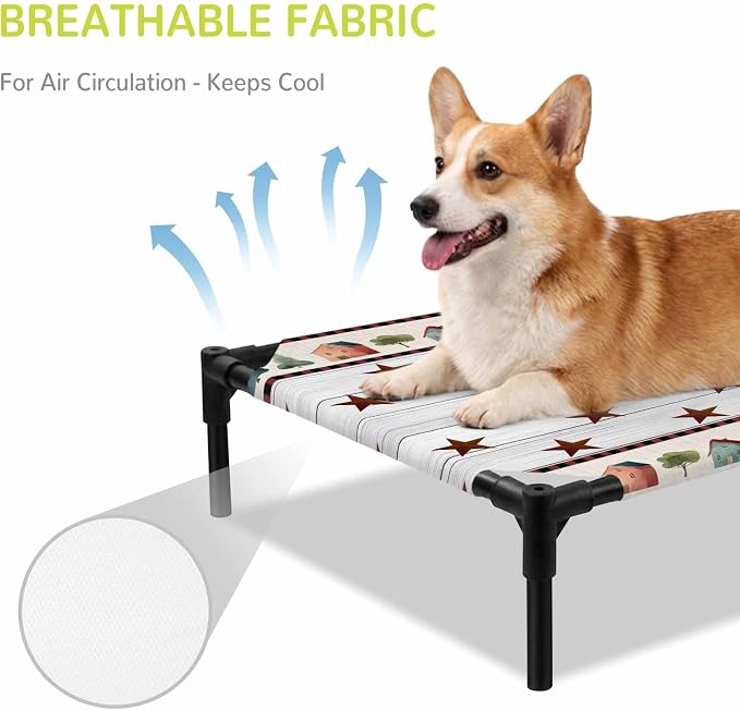 Outdoor Elevated Dog Bed for Medium Dogs, Farmhouse Star Wooden Breathable Cooling Raised Dog Cot for Indoor/Outdoor, Trees Grey Wooden Waterproof Elevated Pet Beds, M 24 x 20 in