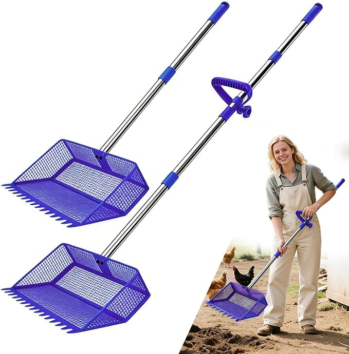 2026 Latest 12inch 2-in-1 Chicken Poop Scooper & Rake with Handle, Heavy-Duty Metal Chicken Coop Scoop for Sand Sifting Shovel Litter Scooper for Farm House Chicken Coop Cleaning Tools Accessories