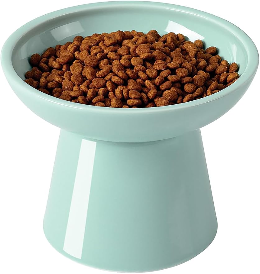 LoeJan Elevated Cat Food and Water Bowls Set, Extra Wide and Raised Ceramic Feeder, Anti-Vomit Whisker-Free Pressure Feeding Bowl for Kittens Adult Small Dogs (Blue, Food Bowl)