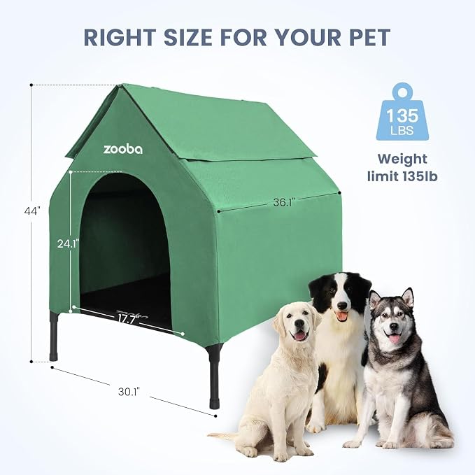 Zooba 36in Large Dog House Outdoor, Elevated Dog Bed with Canopy, Green | Weather-resistant 600D PVC canopy, breathable 2x1 Textilene elevated bed, steel frame; indoor or outdoor; easy to clean