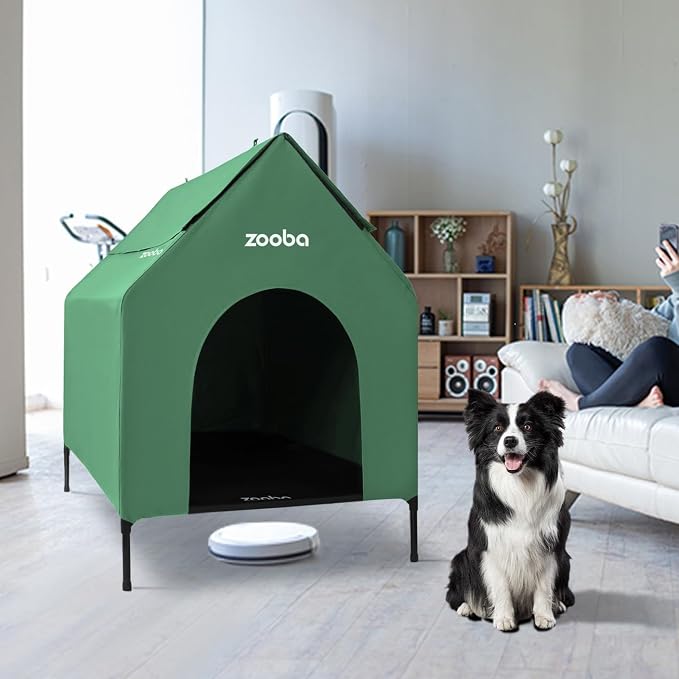 Zooba 36in Large Dog House Outdoor, Elevated Dog Bed with Canopy, Green | Weather-resistant 600D PVC canopy, breathable 2x1 Textilene elevated bed, steel frame; indoor or outdoor; easy to clean
