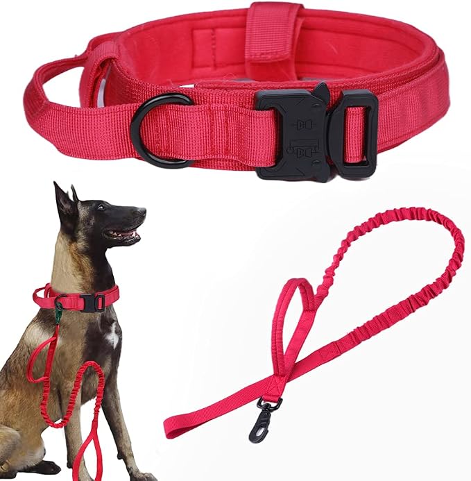 Tactical Dog Collar and Leash Set Adjustable Military Nylon Dog Collar with Control Handle and Heavy Duty Metal Buckle for Large Dogs（Red L | 1000D Heavy-Duty Nylon Fabric,Quick-Release Metal Buckle,Adjustable Fit,Soft-Padded Webbing,D-Ring,for Trainin...