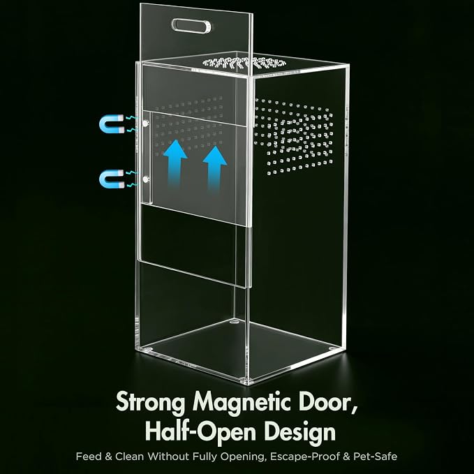 Pre-Assembled Jumping Spider Enclosure, All-Side Ventilation | 5"×5"×10" Escape-Proof Acrylic Habitat Terrarium with Magnetic Door for Jumping Spider, Tarantula, Praying Mantis, Snail