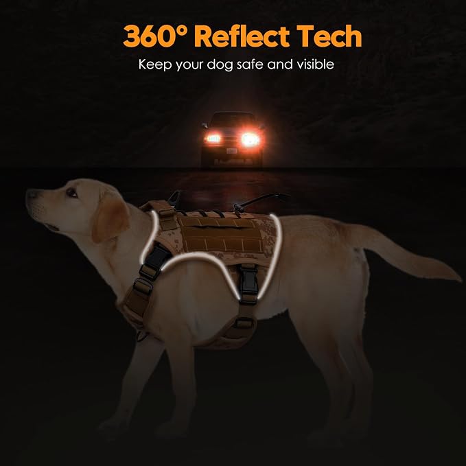 Heavy-Duty Tactical Dog Harness for Large Dogs, No Pull Adjustable Reflective Pet Vest with Molle System, K9 Military-Grade Control for Service Training, Outdoor & 10+ Breeds, Khaki Camo, Large