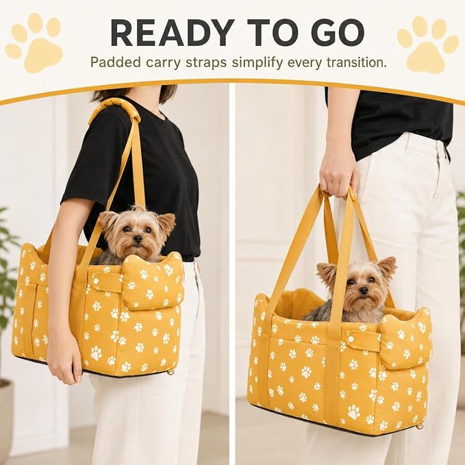 Small Dog Car Seat for Center Console, Yellow | Portable Puppy Armrest Booster for Dogs 5-15 lbs, Anti-Collapse Support with Washable Fluffy Cushion
