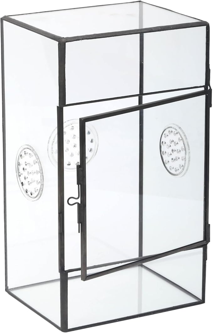 NCYP Glass Enclosure for Large Jumping Spider - 5.1" x 3.9" x 9" Front Opening Door Glass Terrarium with 3 Vent Holes, Small Snail, Insects Habitat, Black (Terrarium Only)