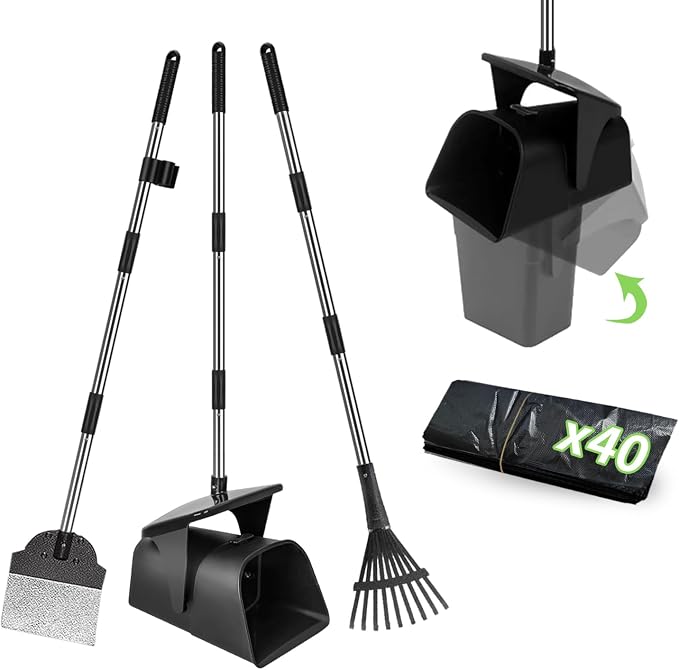 3pcs Heavy Duty Dog Pooper Scooper with 40 Bags, Long Handle Swivel Bin & Rake Spade for Large Medium Dogs, Pet Waste Removal for Yard Grass Gravel, Easy to Clean