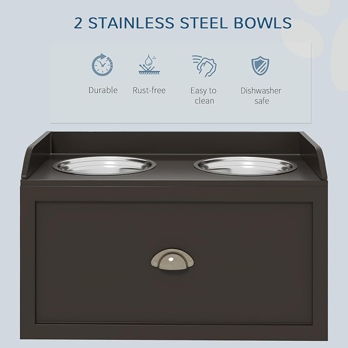 Dog Feeding Station with Storage Drawer & 2 Removable Stainless Steel Bowls | Elevated Design|Wood Construction|Ideal for Kitchen Living Room or Utility Area