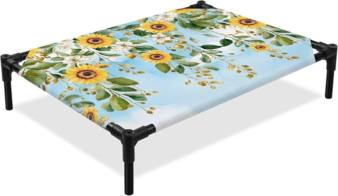 Outdoor Elevated Dog Bed for Medium Dogs, Coastal Sunflower Vine Breathable Cooling Raised Dog Cot for Indoor/Outdoor, Summer Flower Blue Sky Garden Waterproof Elevated Pet Beds, M 24 x 20 in