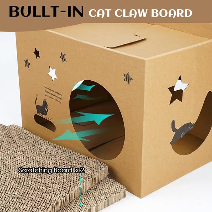 Cat Cardboard House with 2 PCS Scratching Pads，Large Cat Scratcher Bed Cat Scratchers Lounge for Indoor Cats with Corrugated Board Detachable Cat Scratcher Box for Cats(Star)