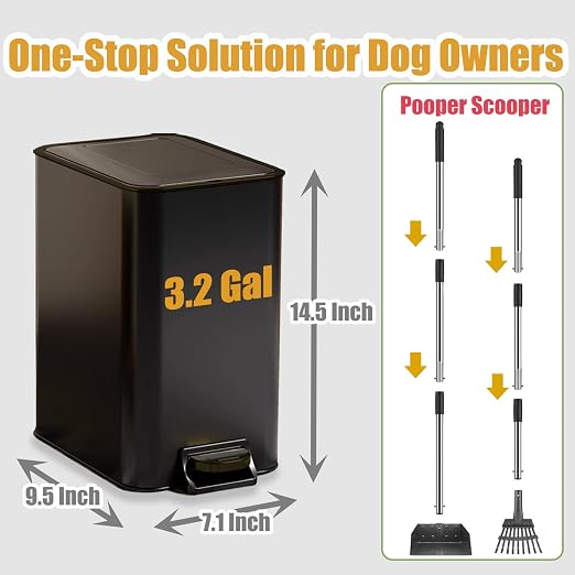 Metal Dog Pooper Scooper for Yard - Dog Poop Trash Can Outside with Pedal | 3.2 Gal Pet Waste Container Outdoor - Stainless Steel Garbage Bucket with Lid - Trash Bin, Long Handle Tray and Rake - Black