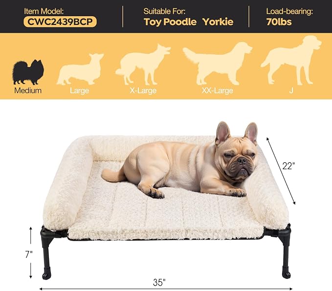 Veehoo Orthopedic Elevated Dog Bed Add Removable Deluxe Rose Plush Bolster Cushion Mat, 35" x 22" Washable Dog Couch Bed, Raised Pet Cot with Breathable Teslin Mesh, No-Slip Feet, White, CWC2439B