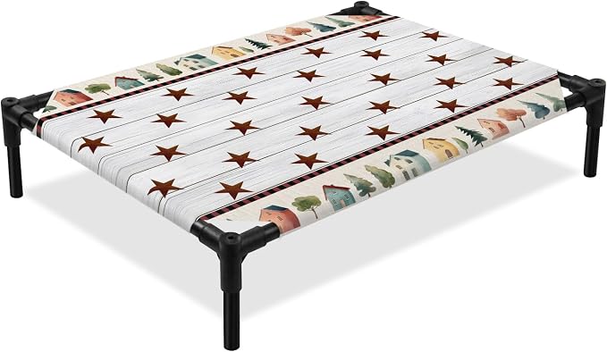 Outdoor Elevated Dog Bed for Medium Dogs, Farmhouse Star Wooden Breathable Cooling Raised Dog Cot for Indoor/Outdoor, Trees Grey Wooden Waterproof Elevated Pet Beds, M 24 x 20 in