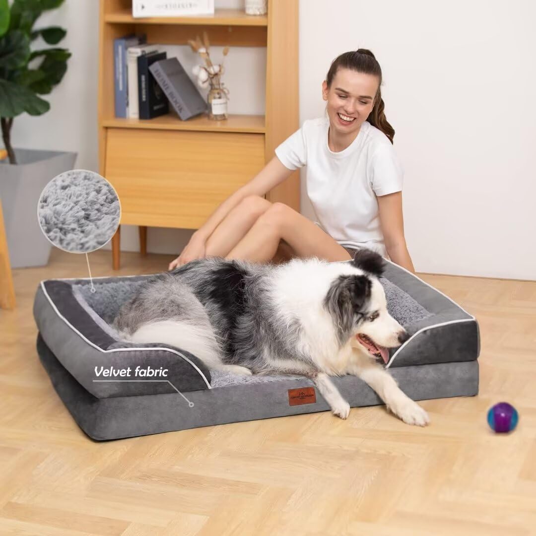 Comfort Expression Cooling Dog Bed for Large Dogs, Orthopedic Memory Foam Beds, Waterproof Washable Dogs Bed with Removable Cover, Pet Bed Dog Sofa with Bolster(Large,Silver Grey)