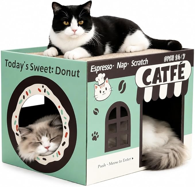 ARGOPET Cardboard Cat Scratcher House, Cozy Cardboard Design with 2 PCS Scratching Pads, Cat Scratcher Box & Bed, 17-Inch Corrugated Cat Scratcher, Safe and Secure for Kittens, Easy to Assemble（Green）