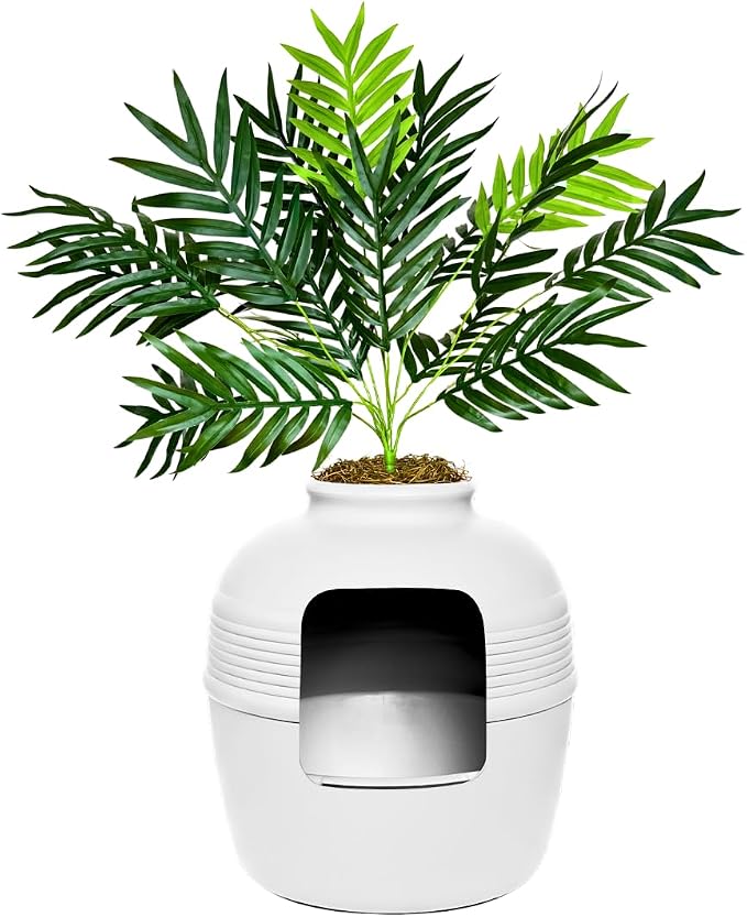 Good Pet Stuff Original Hidden Litter Box Planter, Decorative Cat Litter Enclosure with Carbon Filter, Artificial Palm Plant, Upgraded Design, Easy Clean Litter Tray, Essentials Kit, White Birch