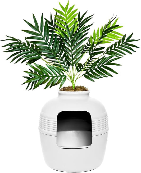 Good Pet Stuff Original Hidden Litter Box Planter, Decorative Cat Litter Enclosure with Carbon Filter, Artificial Palm Plant, Upgraded Design, Easy Clean Litter Tray, Essentials Kit, White Birch