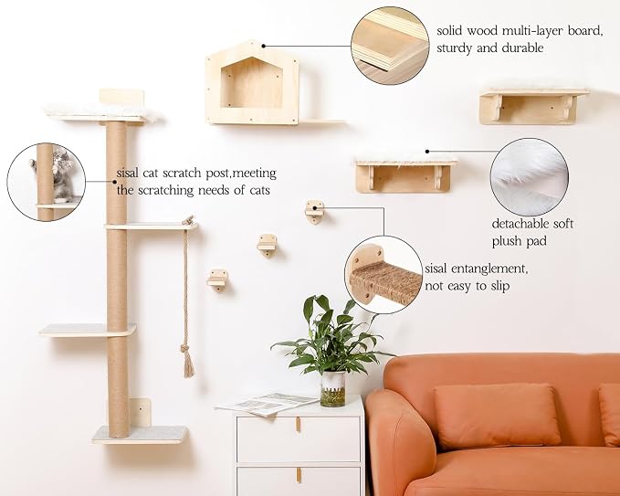 Cat Wall Shelves, Wood Wall Mounted Cat Furniture with 4 Tier Cat Tree,1 Cat Wall House,2 Cat Perches and 3 Wall Steps,Climbing Cat Shelves for Wall Large Cats Set