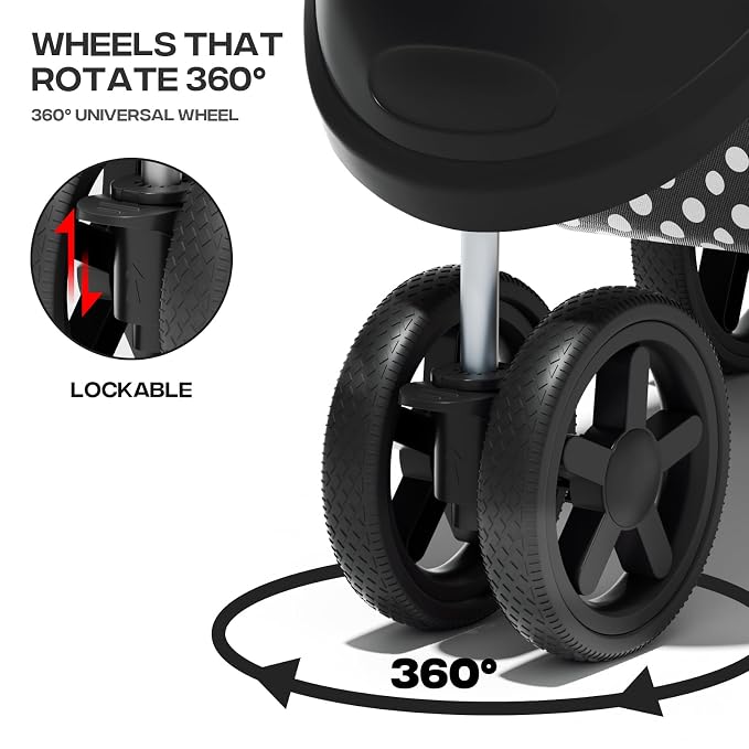 Pet Stroller for Small Dogs 10 lbs, Dog Stroller for Medium Dogs 30 lbs, Cat Strollers for 2 Cats, 3 Wheels Foldable Jogger Puppy Stroller with Storage Basket and Cup Holder, Black Polka Dots