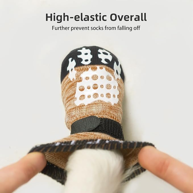 PUPTECK Anti-Slip Dog Socks with Double Sides Grips for Small Medium Large Dogs Hardwood Floors Prevents Licking, Dog Shoes for Hot Pavement Traction Control Paw Protector for Senior Dogs, Khaki M