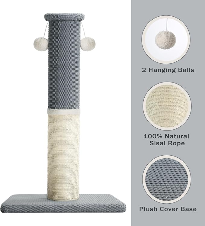 Made4Pets Tall Cat Scratching Post with Sisal & Carpet for Indoor Cats, 33" | Cat Scratcher with Wide Stable Base, Interactive Hanging Toys, Ideal for Adult Cats, Large Breeds and Full-Body Stretching