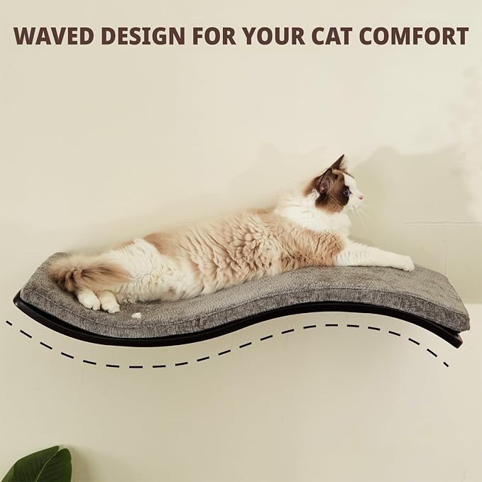 LIORCE Cat Shelf with Comfortable Cushion - Wave Modern Cat Bed - Minimalistic Floating Wall Perch - Wooden Wall Mounted Cats Furniture for Sleeping, Playing, Climbing, and Lounging, Walnut