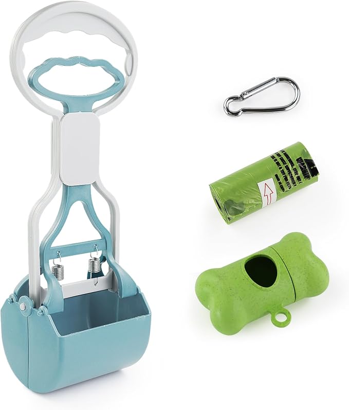 Andiker Dog Pooper Scooper with Short Handle, 10.23" Tall Dual-Spring Pet Pooper Scooper with 1 Roll of Dog Poop Bag and a Dispenser Easy to Use Dog Poop Scooper for Yard Picking Waste Up (Blue)