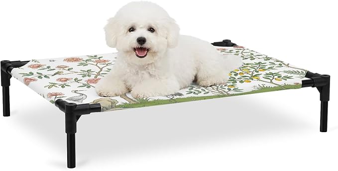 Outdoor Elevated Dog Bed for Medium Dogs, Pink Flowers Breathable Cooling Raised Dog Cot for Indoor/Outdoor, Trees Weeping Spring Floral Birds Waterproof Elevated Pet Beds, M 24 x 20 in