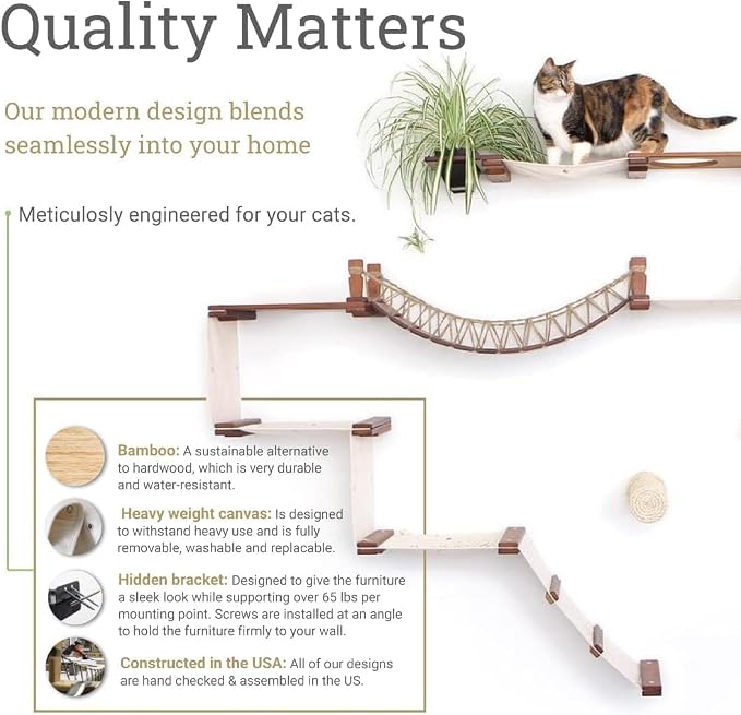 Catastrophic Creations Cat Tree with Hammock Perch – Mounting Wall Cat Shelves w/Canvas Fabric – Bamboo Wood Cat Tree Floating Steps – Lounger & Climber Cat Trees – Modern Cat Furniture