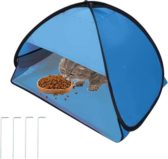 Outdoor Cat Feeding Station, 31.5 x 19.7 x 21.7in Large Outdoor Pet House | Foldable Stray Cat Shelter with Fixing Ground Nails for Feral/Community Cats, Small Dogs and Rabbits (Blue)
