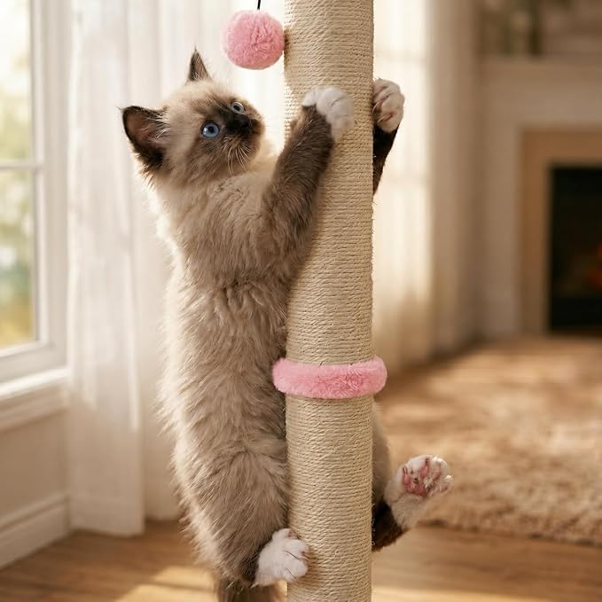 Dimaka Tall Cat Scratching Post, Claw Scratcher with Sisal Rope and Covered with Soft Smooth Plush, Vertical Scratch [Full Strectch] for Standard Size Cats (Pink, 34 inches for Large Cats)