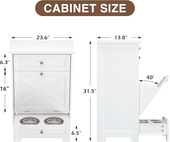 Dog Feeding Station with 2 Elevated Bowls,Hidden Pet Feeder Station with Tilt Out Dog Food Storage Cabinet,Dog & Cat Storage Organizer with Drawer,White