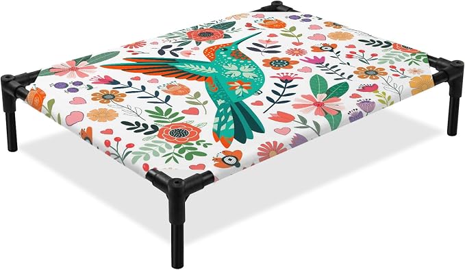 Outdoor Elevated Dog Bed for Medium Dogs, Birds Flowers Breathable Cooling Raised Dog Cot for Indoor/Outdoor, Cartoon Sunny Colorful Botanical Floral Waterproof Elevated Pet Beds, M 24 x 20 in