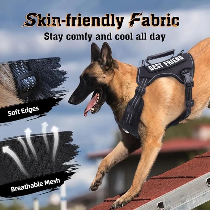 Tactical Dog Harness with Leash for Large Dogs, No Pull Adjustable Dog Harness, Reflective K9 Working Pet Vest for Walking, Training (Black, M)